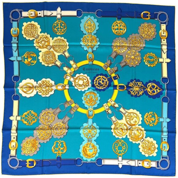 Hermes Carre 90 Cuivreries Copperwork Scarf Silk Blue Multicolor